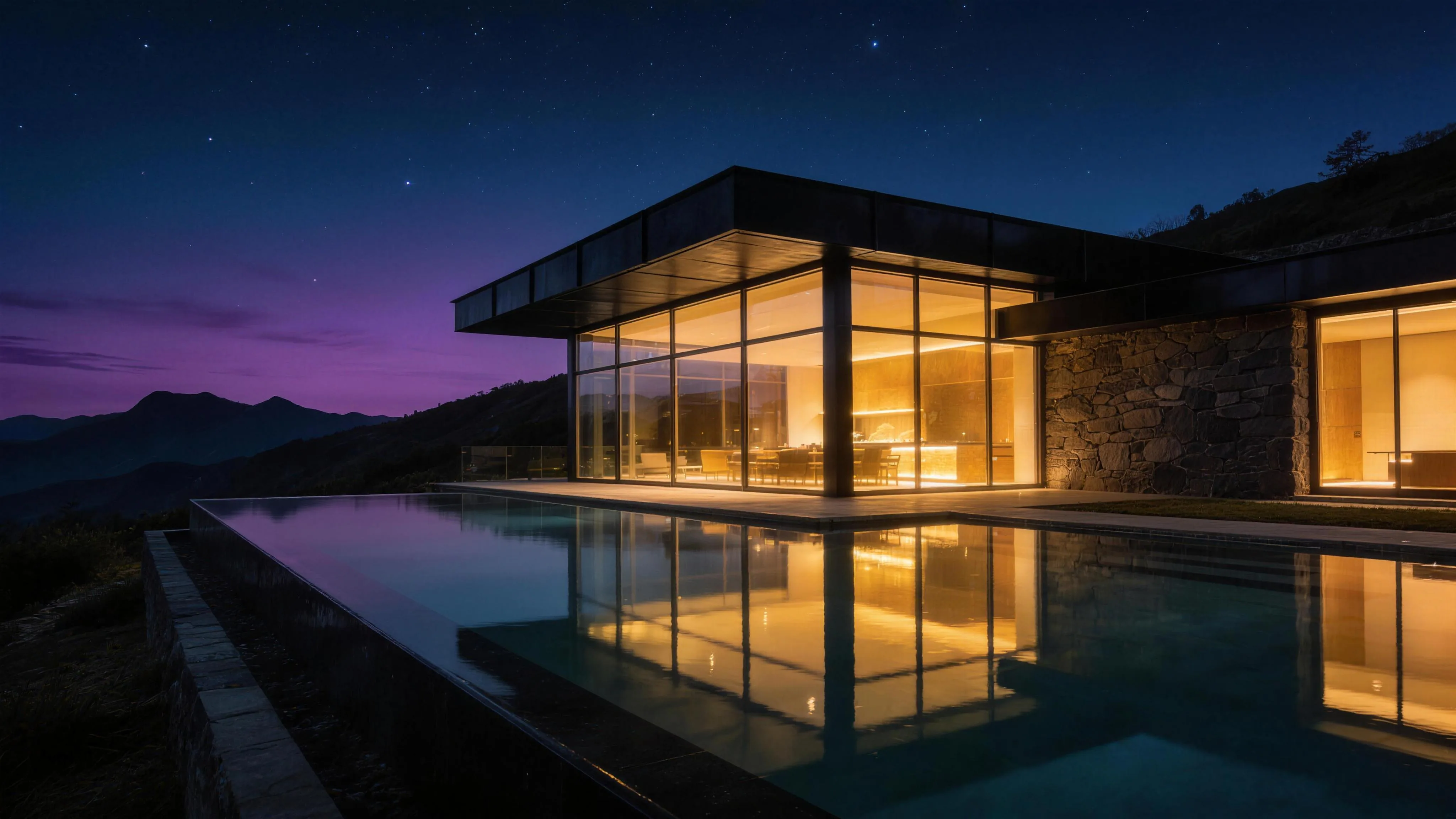 A glass hillside house glowing at night under a starry violet sky.