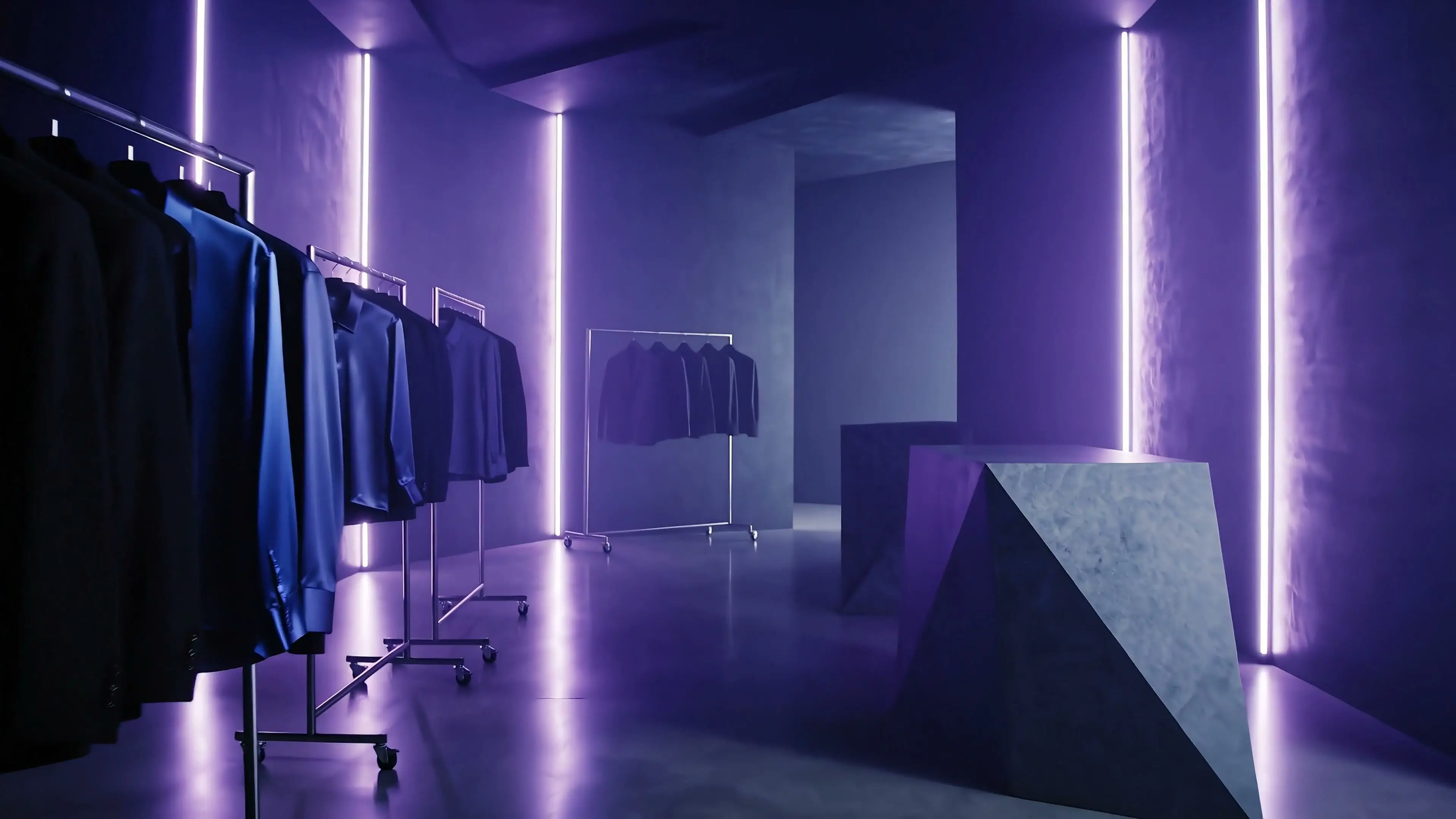 A violet-lit night studio — garment racks along one wall, stone product pedestals down the middle.